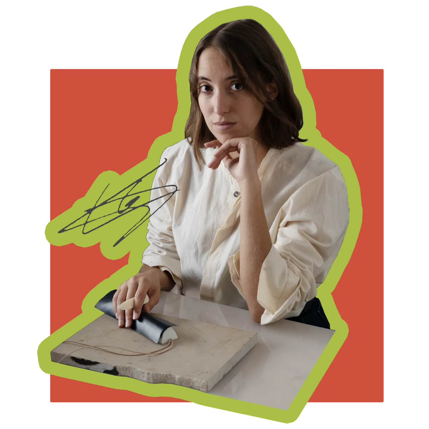 Client-selected overseas artist portrait, seated in a light jacket
